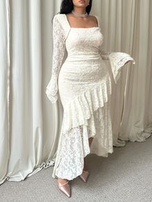 GalTyme Plus Size Women's Lace Ruched Elegant Waist-Cinched Party Dress - Apricot - View 6