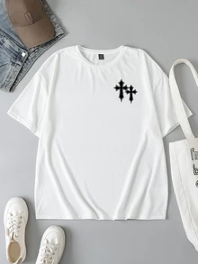 Slaydiva Plus Size Women's Casual Minimalist Cross Graphic Short Sleeve T-Shirt, Summer Suitable For Going Out - White - View 2