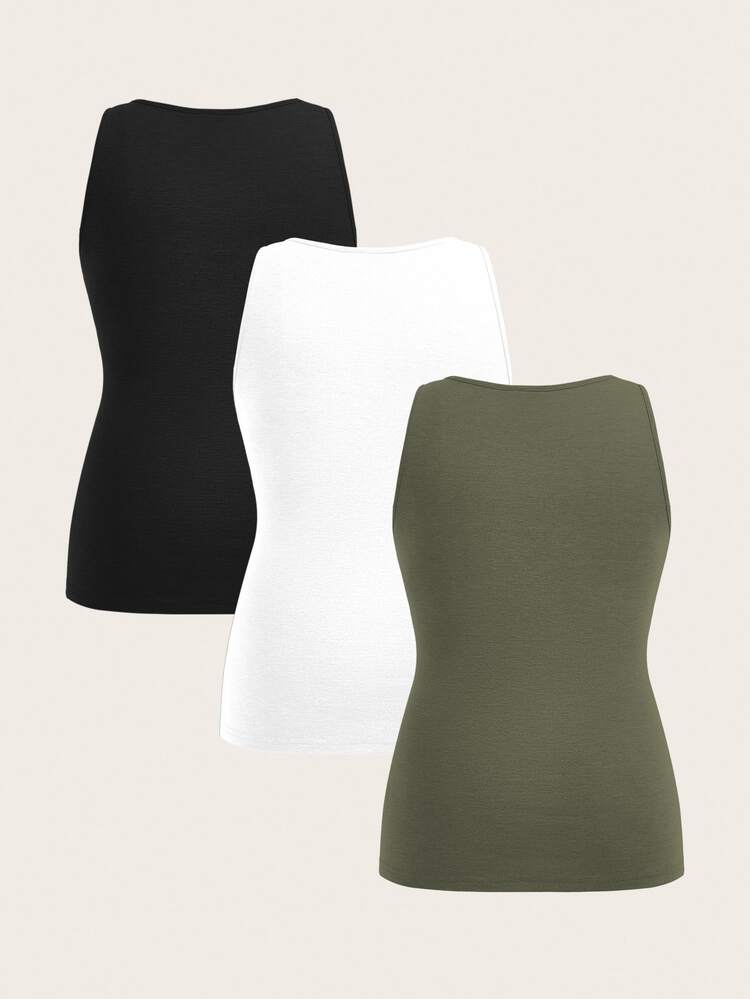 Slaydiva 3pcs Plus Size Women's Solid Color Thick Strap Camisole Suitable For Summer Vacation - Multicolor - View 2