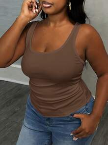 Slaydiva Women Plus Size Basic Deep V-Neck Sleeveless Slim Fit Ribbed Ruched Side Camisole Tank Top, Brown Semi-Sheer None, Summer Smart Casual - Khaki - View 7