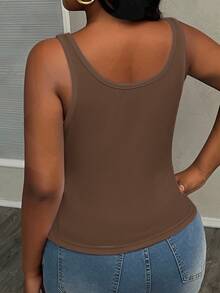 Slaydiva Women Plus Size Basic Deep V-Neck Sleeveless Slim Fit Ribbed Ruched Side Camisole Tank Top, Brown Semi-Sheer None, Summer Smart Casual - Khaki - View 3