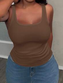 Slaydiva Women Plus Size Basic Deep V-Neck Sleeveless Slim Fit Ribbed Ruched Side Camisole Tank Top, Brown Semi-Sheer None, Summer Smart Casual - Khaki - View 5
