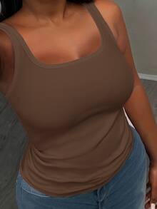 Slaydiva Women Plus Size Basic Deep V-Neck Sleeveless Slim Fit Ribbed Ruched Side Camisole Tank Top, Brown Semi-Sheer None, Summer Smart Casual - Khaki - View 4