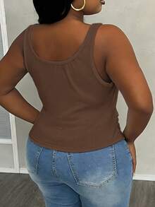 Slaydiva Women Plus Size Basic Deep V-Neck Sleeveless Slim Fit Ribbed Ruched Side Camisole Tank Top, Brown Semi-Sheer None, Summer Smart Casual - Khaki - View 6
