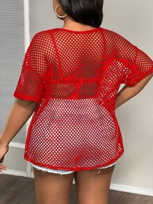 Slaydiva Plus Size Spring & Autumn Casual Street Sheer Black Loose Fit Round Neck Half Sleeve Long T-Shirt - Red - View 2