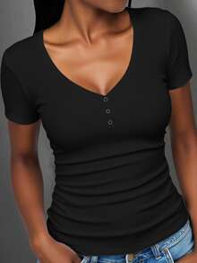 Slaydiva Plus Size Casual Sexy Solid Color V-Neck Short Sleeve Fitted T-Shirt, Summer, Going Out Formal Tops Black - Black - View 7