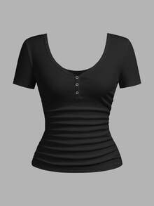 Slaydiva Plus Size Casual Sexy Solid Color V-Neck Short Sleeve Fitted T-Shirt, Summer, Going Out Formal Tops Black - Black - View 3