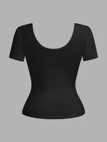Slaydiva Plus Size Casual Sexy Solid Color V-Neck Short Sleeve Fitted T-Shirt, Summer, Going Out Formal Tops Black - Black - View 2