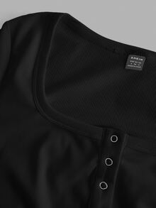 Slaydiva Plus Size Casual Sexy Solid Color V-Neck Short Sleeve Fitted T-Shirt, Summer, Going Out Formal Tops Black - Black - View 4