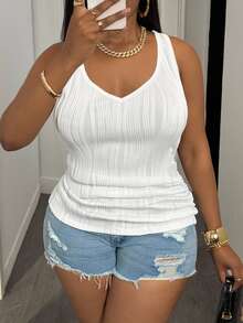 Slaydiva Plus Size Women Casual Modest Traditional Basic Camisole, Deep V-Neck And Fine Ribbed Texture, White Bussines Summer - White - View 5