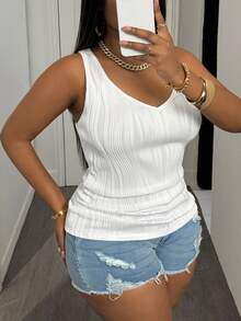 Slaydiva Plus Size Women Casual Modest Traditional Basic Camisole, Deep V-Neck And Fine Ribbed Texture, White Bussines Summer - White - View 4