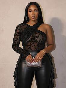 Slaydiva ملابس علوية نسائية مقاسات كبيرة أنيقة وجذابة من الشبك المطبع بنقوش مجوفة وملتوية ضيقة الحجم - الأسود - مشاهدة 1