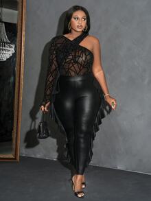 Slaydiva ملابس علوية نسائية مقاسات كبيرة أنيقة وجذابة من الشبك المطبع بنقوش مجوفة وملتوية ضيقة الحجم - الأسود - مشاهدة 4