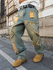 GENIUS ODE Jeans casuales de corte holgado con bolsillos, dobladillo deshilachado y desgastado para hombres - Multicolor - Ver 6