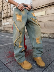 GENIUS ODE Jeans casuales de corte holgado con bolsillos, dobladillo deshilachado y desgastado para hombres - Multicolor - Ver 3