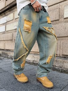 GENIUS ODE Jeans casuales de corte holgado con bolsillos, dobladillo deshilachado y desgastado para hombres - Multicolor - Ver 9