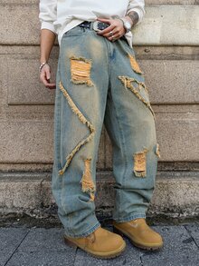 GENIUS ODE Jeans casuales de corte holgado con bolsillos, dobladillo deshilachado y desgastado para hombres - Multicolor - Ver 7
