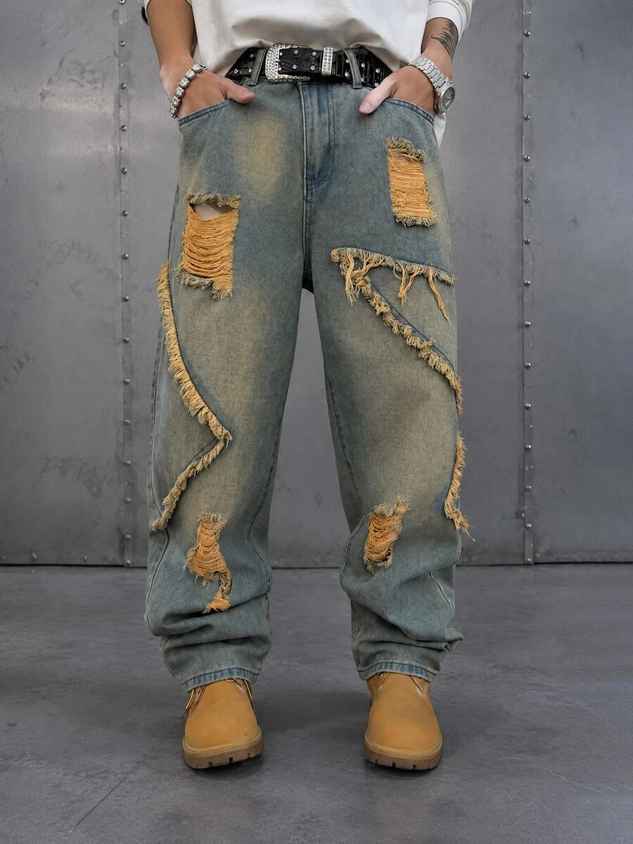 GENIUS ODE Jeans casuales de corte holgado con bolsillos, dobladillo deshilachado y desgastado para hombres - Multicolor - Ver 1