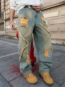 GENIUS ODE Jeans casuales de corte holgado con bolsillos, dobladillo deshilachado y desgastado para hombres - Multicolor - Ver 4