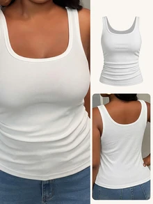 Slaydiva Plus Size Women's Summer Casual Daily Commute Minimalist Versatile Solid Color Ribbed Knit Fitted Tank Top - White - View 7