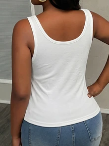 Slaydiva Plus Size Women's Summer Casual Daily Commute Minimalist Versatile Solid Color Ribbed Knit Fitted Tank Top - White - View 3