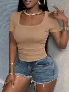 Slaydiva Plus Size Women's Solid Color Square Neck Short Sleeve Casual T-Shirt - Khaki - View 3