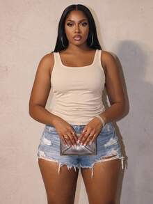 Slaydiva Women Plus Size Casual Basic Racerback Sleeveless Deep V-Neck Ribbed Side Ruched White Semi-Sheer Tank Top - Beige - View 1