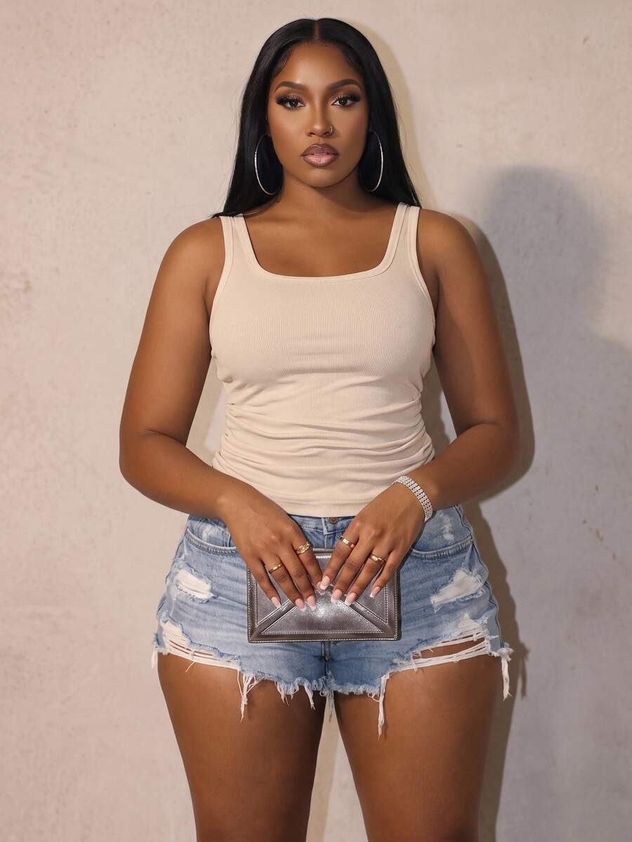 Slaydiva Women Plus Size Casual Basic Racerback Sleeveless Deep V-Neck Ribbed Side Ruched White Semi-Sheer Tank Top - Beige - View 1