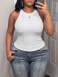 Slaydiva Plus-Size Fitted Casual Soft White Tank Top; Comfortable, Stretchy Fabric; A Versatile Wardrobe Staple. Formal Gym Summer - White - View 3
