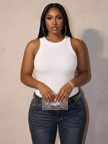 Slaydiva Plus-Size Fitted Casual Soft White Tank Top; Comfortable, Stretchy Fabric; A Versatile Wardrobe Staple. Formal Gym Summer - White - View 2