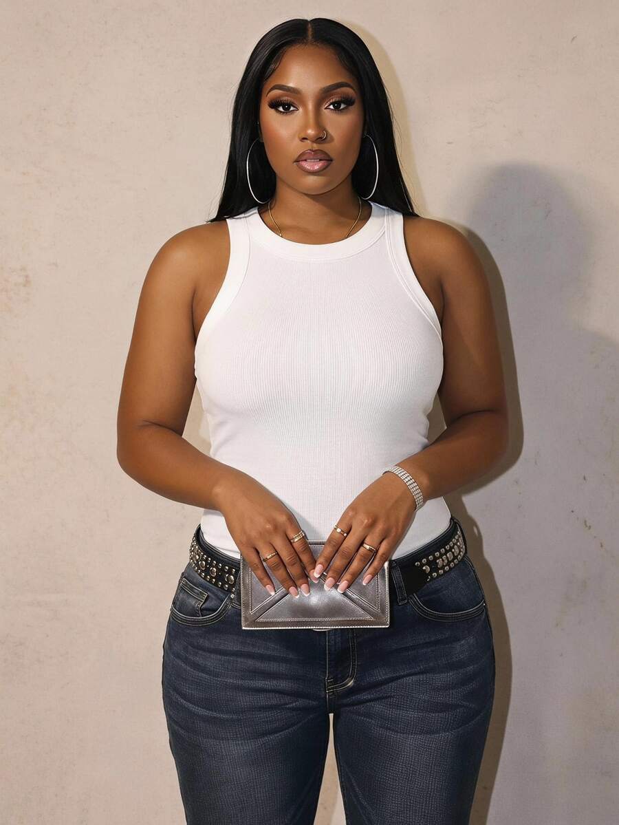 Slaydiva Plus-Size Fitted Casual Soft White Tank Top; Comfortable, Stretchy Fabric; A Versatile Wardrobe Staple. Formal Gym Summer