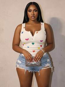 Slaydiva Plus Size Summer Casual Heart Print Tank Top - Apricot - View 1