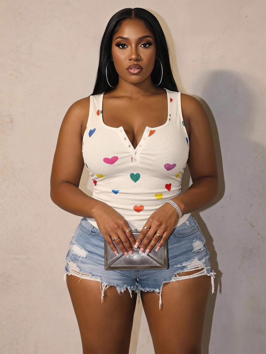 Slaydiva Plus Size Summer Casual Heart Print Tank Top - Apricot - View 1