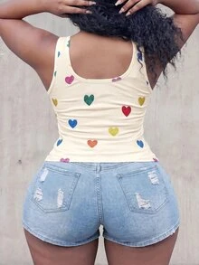 Slaydiva Plus Size Summer Casual Heart Print Tank Top - Apricot - View 2