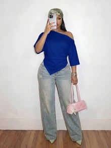 Slaydiva 2026 Spring/Summer Women Plus Size New Music Festival Half Sleeve Waist Gathered Slit Pointed Hem Top - Royal Blue - View 3