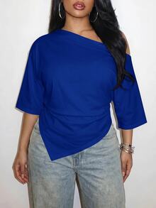 Slaydiva 2026 Spring/Summer Women Plus Size New Music Festival Half Sleeve Waist Gathered Slit Pointed Hem Top - Royal Blue - View 9
