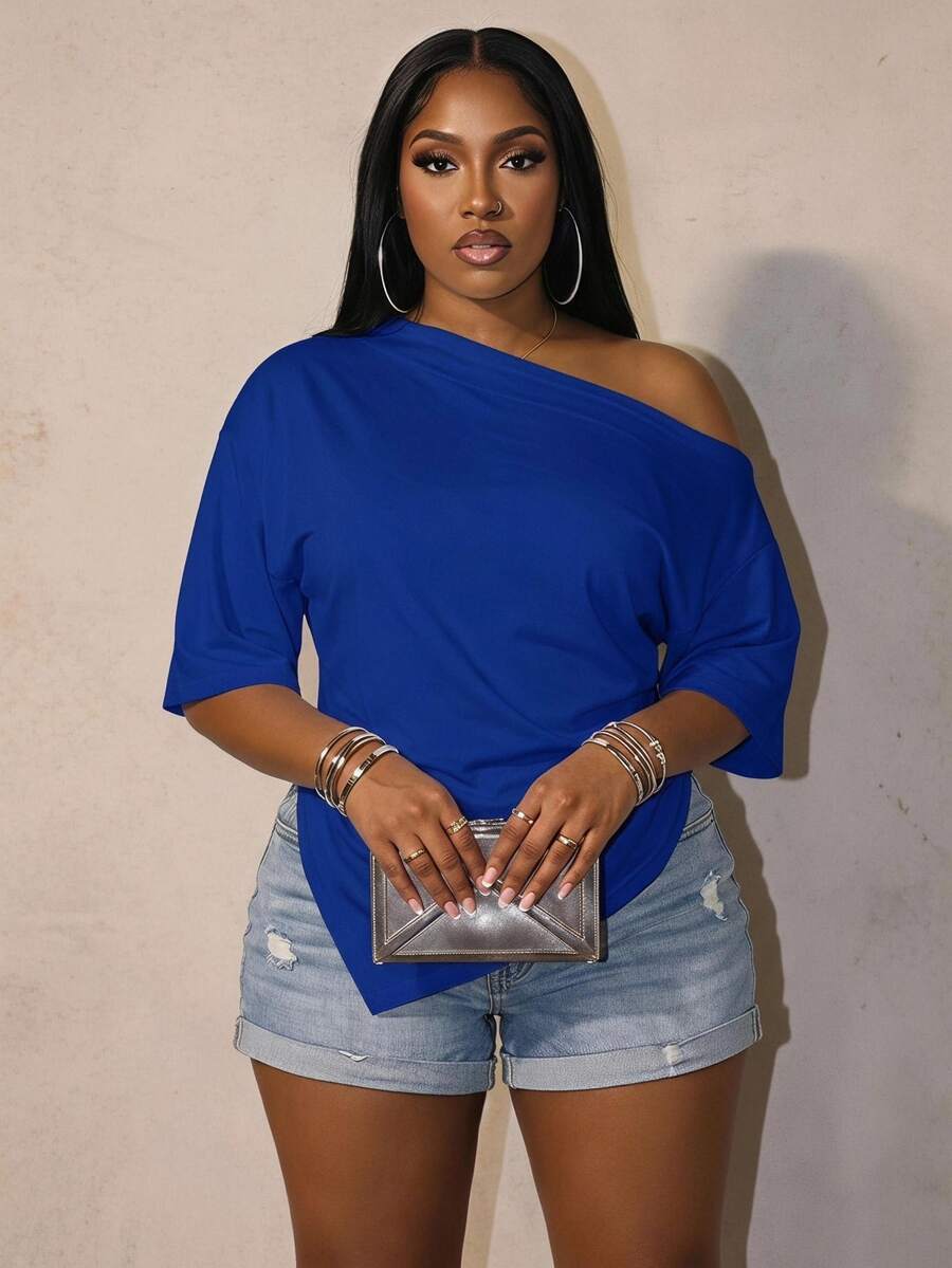 Slaydiva 2026 Spring/Summer Women Plus Size New Music Festival Half Sleeve Waist Gathered Slit Pointed Hem Top - Royal Blue - View 1