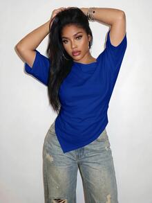 Slaydiva 2026 Spring/Summer Women Plus Size New Music Festival Half Sleeve Waist Gathered Slit Pointed Hem Top - Royal Blue - View 4