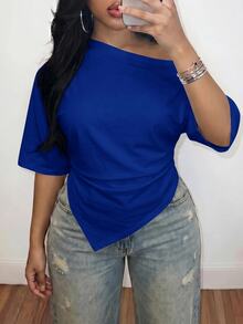 Slaydiva 2026 Spring/Summer Women Plus Size New Music Festival Half Sleeve Waist Gathered Slit Pointed Hem Top - Royal Blue - View 6