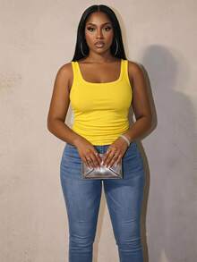Slaydiva Plus Size Women V-Neck Racerback Camisole Top - Soft Yellow, Casual Streetwear Baselayer Cami With Side Ruched Details Formal Vacation Summer - Yellow - View 2