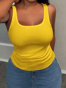 Slaydiva Plus Size Women V-Neck Racerback Camisole Top - Soft Yellow, Casual Streetwear Baselayer Cami With Side Ruched Details Formal Vacation Summer - Yellow - View 4
