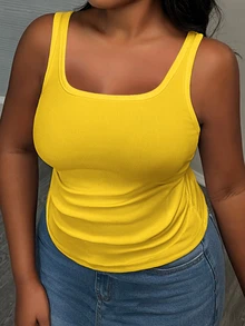 Slaydiva Plus Size Women V-Neck Racerback Camisole Top - Soft Yellow, Casual Streetwear Baselayer Cami With Side Ruched Details Formal Vacation Summer - Yellow - View 6