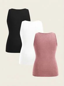 Slaydiva 3pcs Plus Size Women's Solid Color Thick Strap Camisole, Suitable For Summer Vacation - Multicolor - View 2