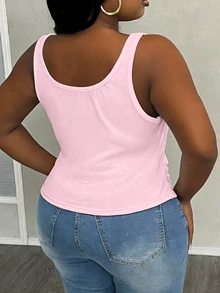 Slaydiva Camiseta de tirantes básica de mujer de talla grande con cuello en V profundo, ajuste ceñido y acanalado, con pliegues laterales, color blanco semitransparente - Rosa - Ver 6