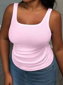 Slaydiva Camiseta de tirantes básica de mujer de talla grande con cuello en V profundo, ajuste ceñido y acanalado, con pliegues laterales, color blanco semitransparente - Rosa - Ver 2