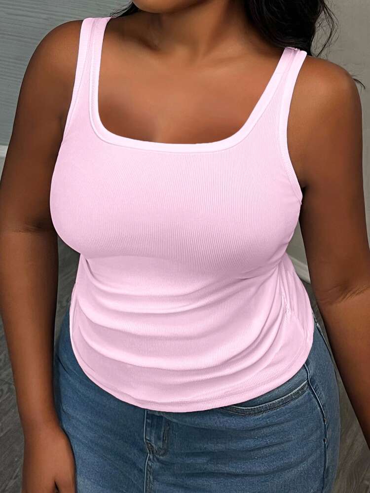 Slaydiva Women Plus Size Basic Deep V-Neck Sleeveless Slim Fit Ribbed Ruched Side Camisole Tank Top, White Semi-Sheer - Pink - View 2