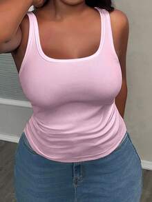 Slaydiva Camiseta de tirantes básica de mujer de talla grande con cuello en V profundo, ajuste ceñido y acanalado, con pliegues laterales, color blanco semitransparente - Rosa - Ver 5