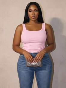 Slaydiva Camiseta de tirantes básica de mujer de talla grande con cuello en V profundo, ajuste ceñido y acanalado, con pliegues laterales, color blanco semitransparente - Rosa - Ver 1