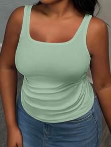 Slaydiva Camiseta de tirantes básica de mujer de talla grande con cuello en V profundo, ajuste ceñido y acanalado, con pliegues laterales, color blanco semitransparente - verde menta - Ver 2