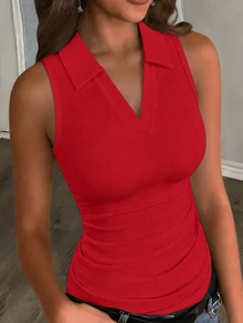 Slaydiva 2026春夏新品休閒基礎百搭白色修身純色V領POLO領無袖女款背心，適合約會、情人節、婚禮季、度假、海灘、波希米亞風、沙灘、開學季、日常穿搭、派對、下午茶、早午餐穿搭、機場穿搭、休閒街頭風-D - 紅色 - 查看 3